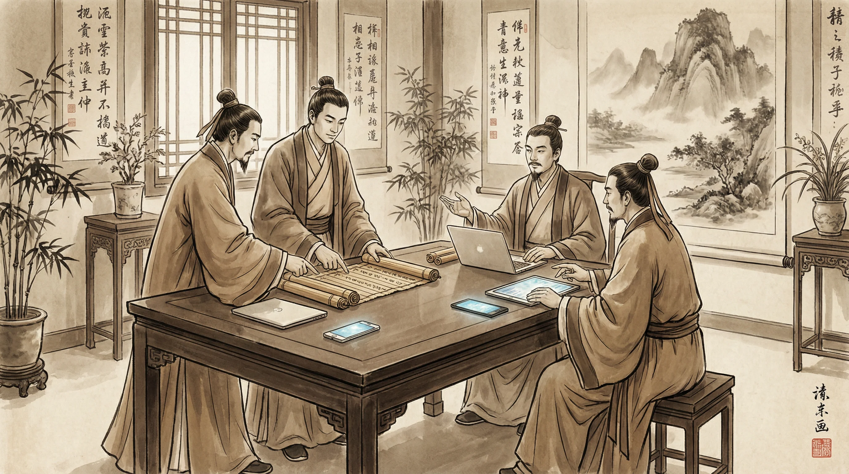 pg娱乐专业团队水墨风格工作场景